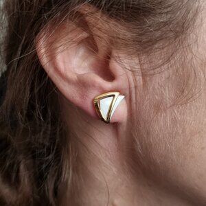 Vintage 1960s TRIFARI Signed Gold Clip-On Earrings With White Enamel Triangle